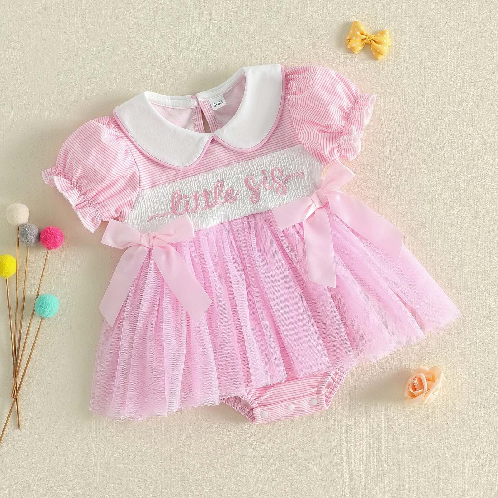 Sweet Infant Girl Stripe Romper Dress Letter Embroidery Short Sleeve Doll Collar Bow Jumpsuit Tutu Tulle Bodysuit