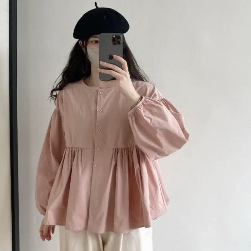 Shirts Women Loose S-3XL Crop Solid Folds Puff Sleeve Schoolgirl Korean Leisure Simple All-match New Arrivals Spring Chic Trendy