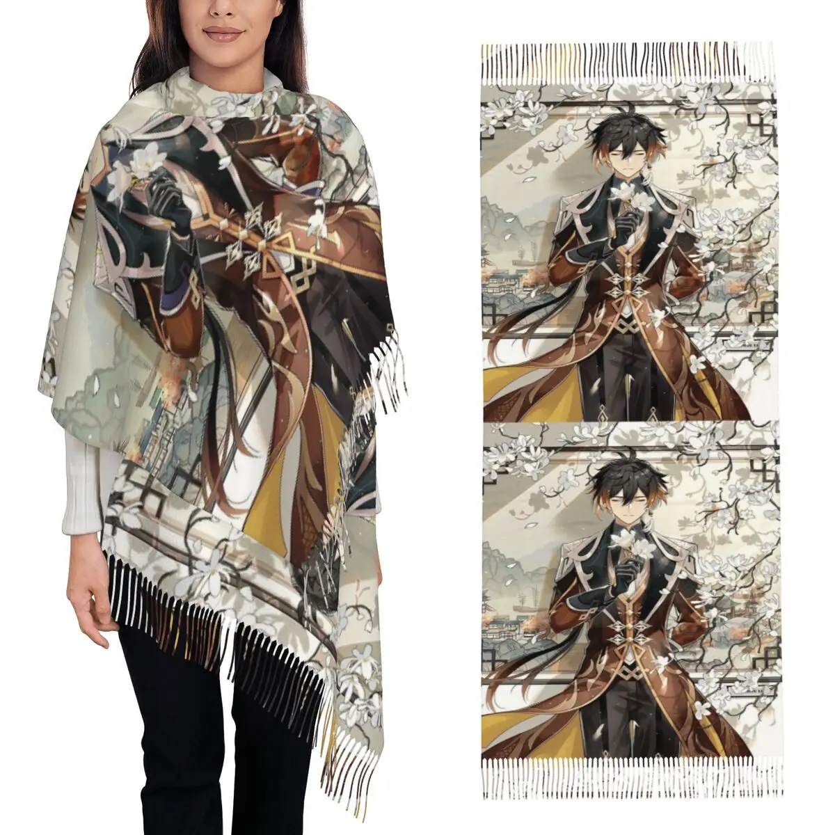 

Zhongli Genshin Impact Шарф с кисточками для женщин Мягкие теплые шали и накидки Длинная осенне-зимняя шаль