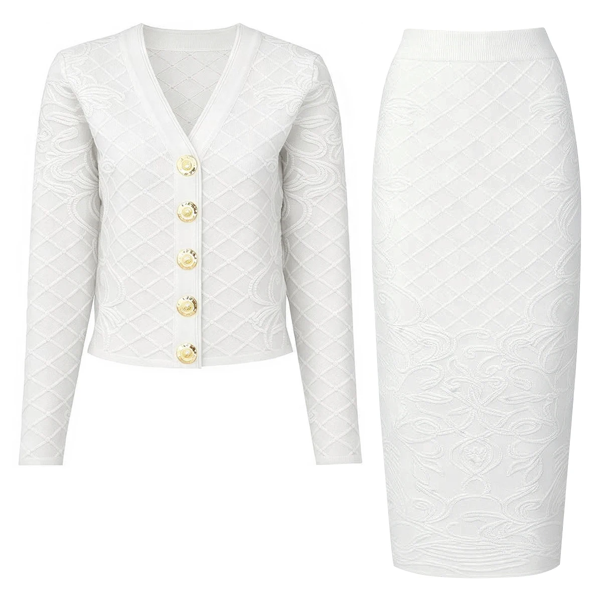 26291 High Quality Autumn Women 2Pcs Set Checkered Embroidered V Neck Long Sleeve Cardigan Slim Fit Midi Skirt Outfit