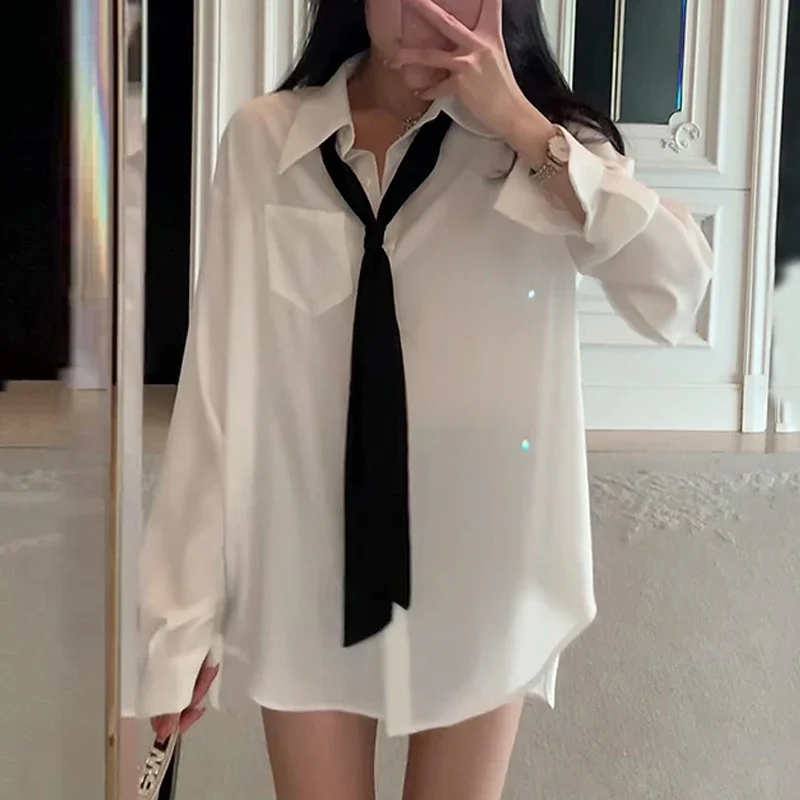 

Casual White Tops Autumn New Long Sleeve Office Loose Blouse Elegant Turn-dwon Collar Shirt with Tie Fashion Women Clothes 29286