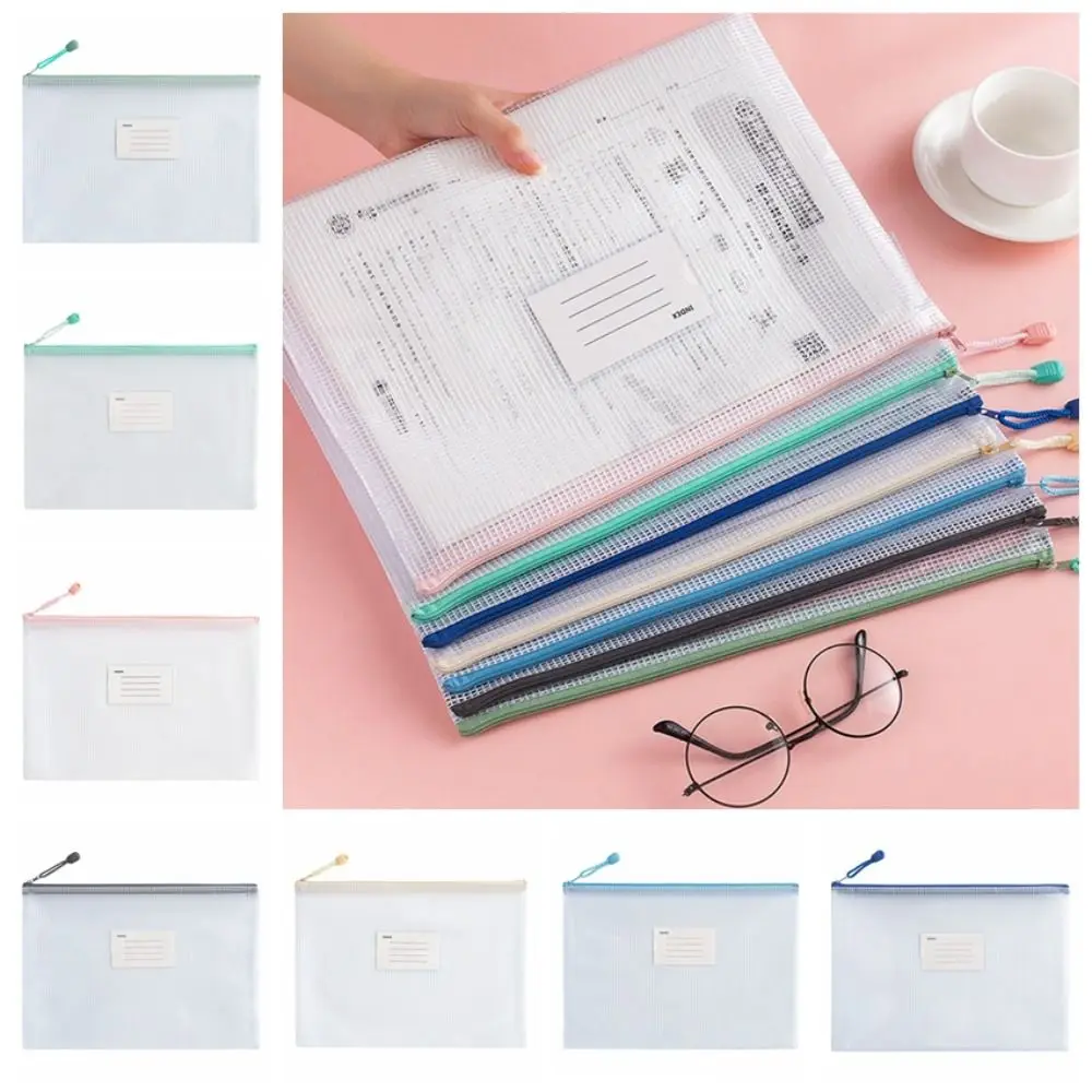 Portable PVC A4 Mesh File Bag Thickened Transparent Document Storage Bag Zipper Large Capacity Information Bag Student
