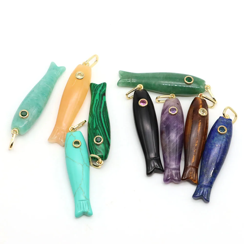 Fish Shape Inlaid Zircon Charms Crystals Stones Natural Amazonite Amethyst Rose Quartz Carved Gemstone for DIY Jewelry Accessory