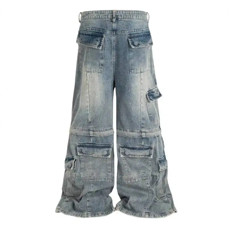 Men's Trousers Washed Blue Denim Flared Distressed Micro Flared Jeans With Multiple Pockets Detachable Cargo Pants 2PRLH