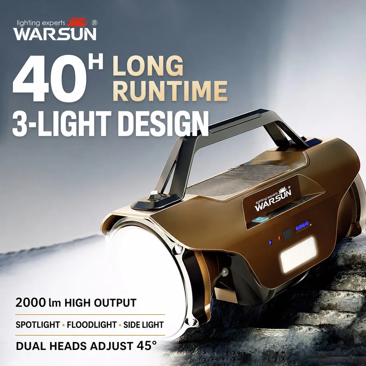 WARSUN D5000 Solar Rechargeable Searchlight, Ultra-Bright High-Power Long-Range Handheld Flashlight for Camping and Outdoor Use