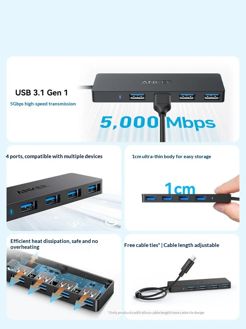 New Anker Usb C Hub 4 Port Usb 3 1 Gen 1 5gbps High Speed Data Transfer Slim Portable Expansion Dock For Laptop Pc Computer