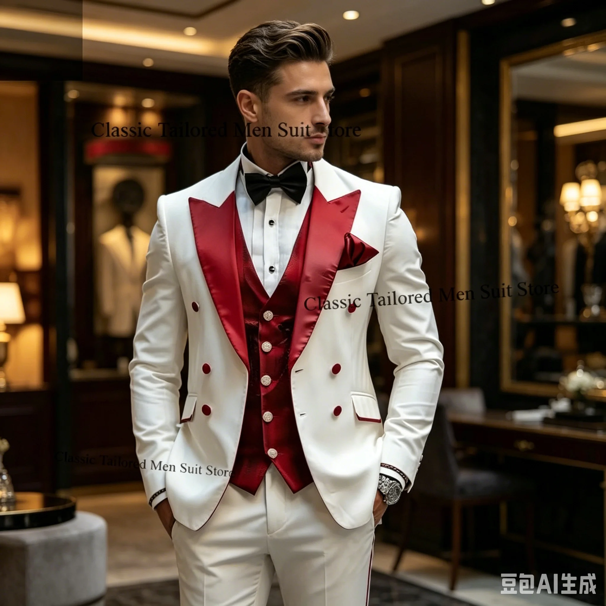 Custom White Three-Piece Suit for Men  Wedding  with Red Accents  Wedding Suits for Men