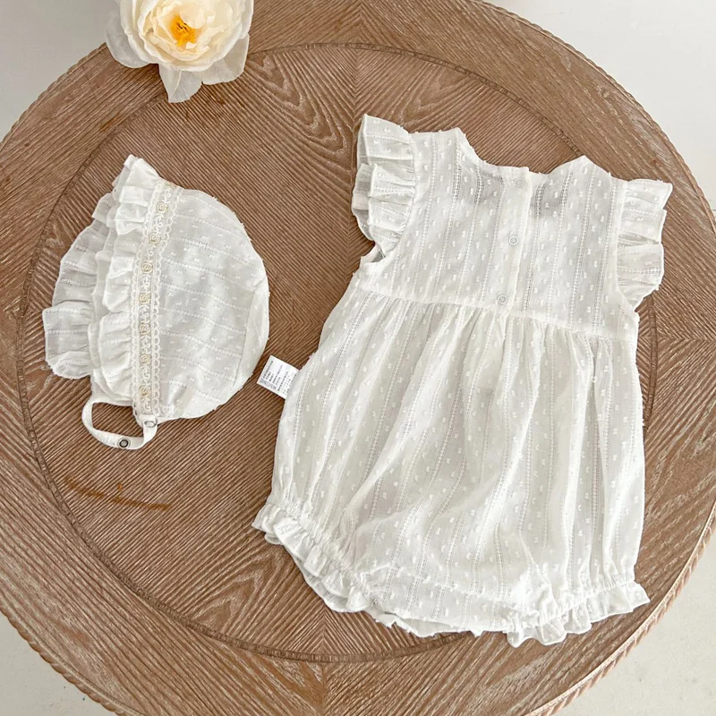 2Pcs Summer Baby Jumpsuit Hat Cotton White Lace Baby Girl Clothes Ruffle Sleeves Infant Romper for Girls Outfit Toddler Onesie