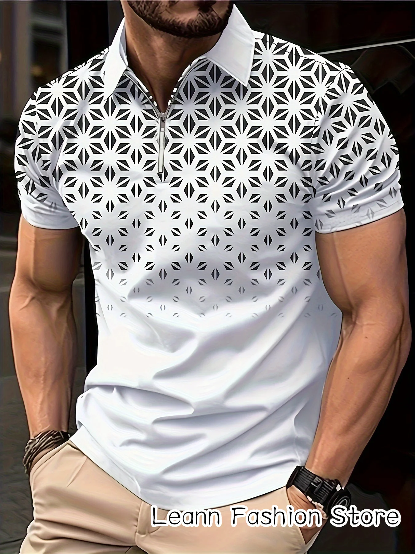 Summer Men Fashion Polo Shirt Geometry Pattern Clothing Male Casual Tops Tees Zipper Lapel Collar Golf Camiseta Streetwear