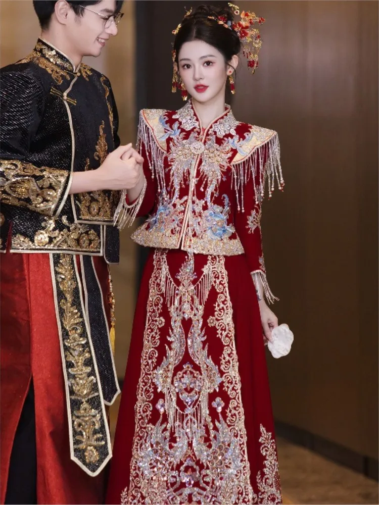 

Velvet wedding dress Chinese-style toasting heavy industry clothing