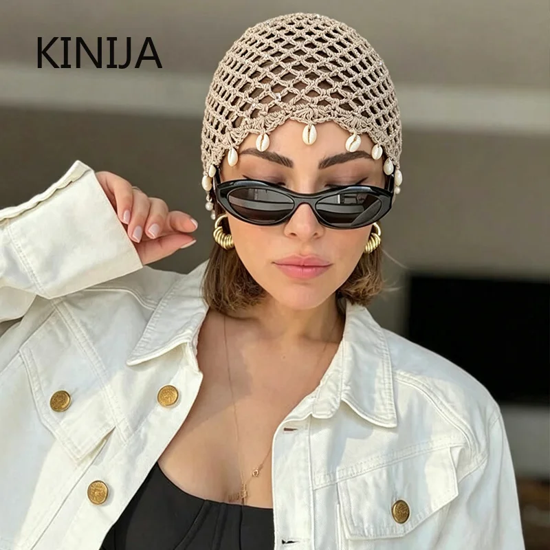 Bohemian Hollowed Out Woven Pullover Hats Shell Fringed Crochet Sequin Knitted Hat Breathable Beret Cap Travel Versatile Look