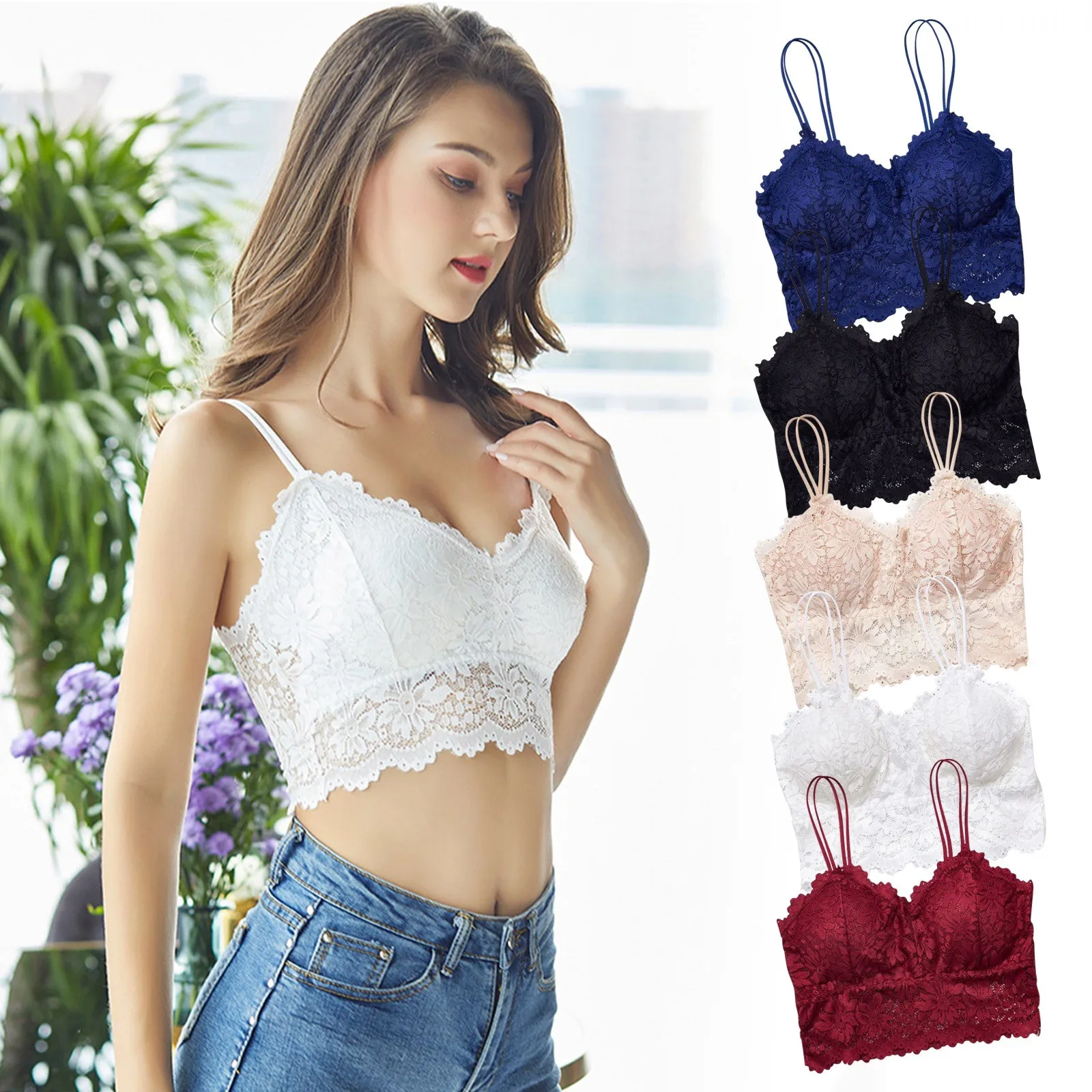 Women Comfortable Sexy Lace suspender Bralette cushion wrapped around the chest Wireless Solid color