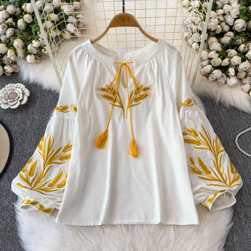 

Женская весенне-осенняя блузка, новая ретро-этническая вышитая кружевная рубашка с круглым вырезом и рукавами-фонариками, Blusa, свободная повседневная рубашка-база, BL099