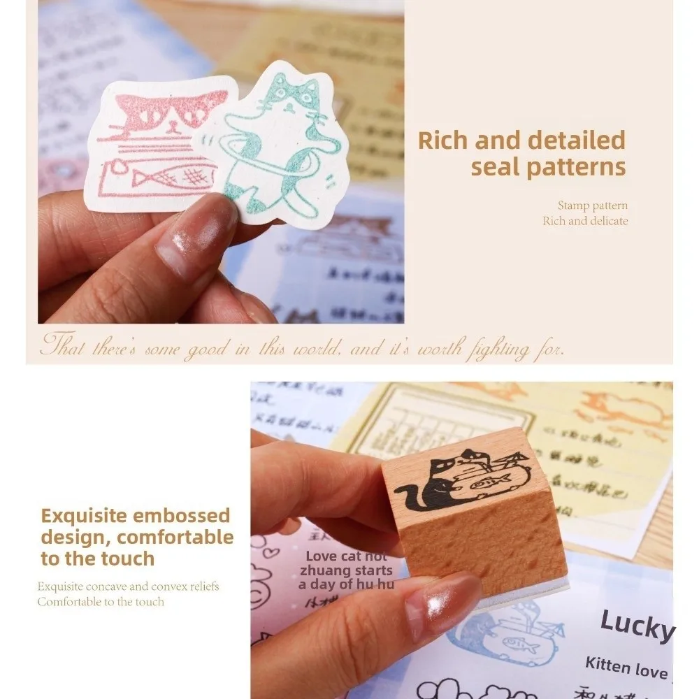 

New Vintage Style Wooden Stamp Rubber Base DIY Journaling Seal Stamping Cartoon Cat Student Stationery for Scrapbook
