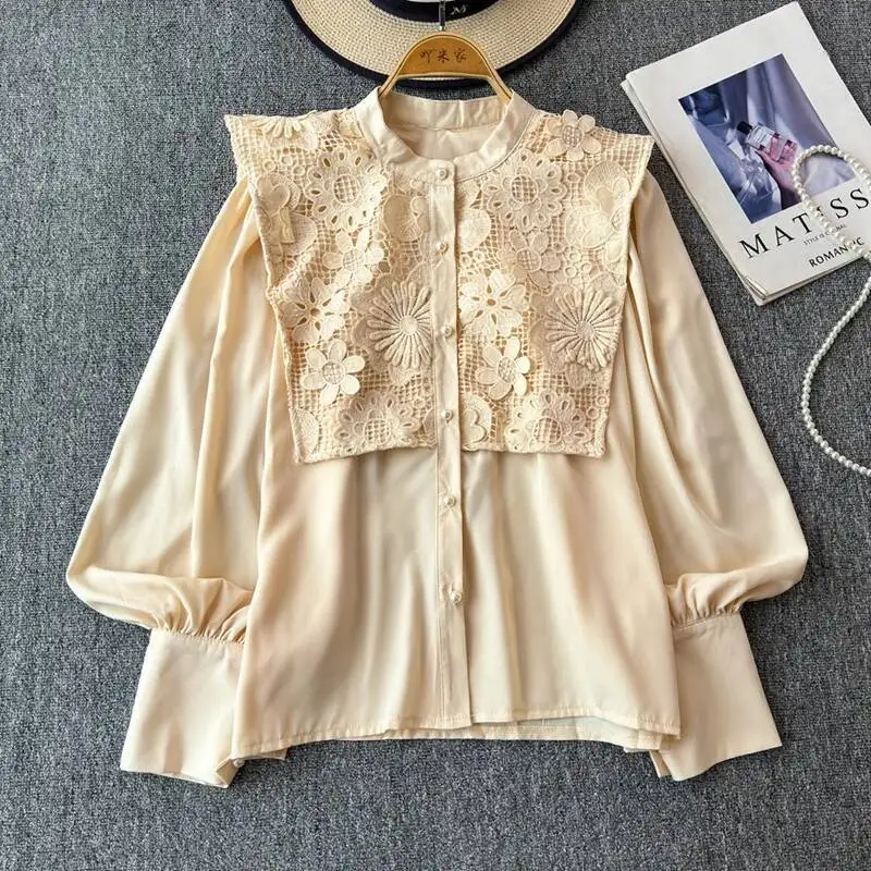 

BabYoung элегантные винтажные кружевные лоскутные блузки, осень 2022, новые рубашки с лацканами и воротником, женские рубашки Y2k с длинным рукавом, свободные Blusas Mujer