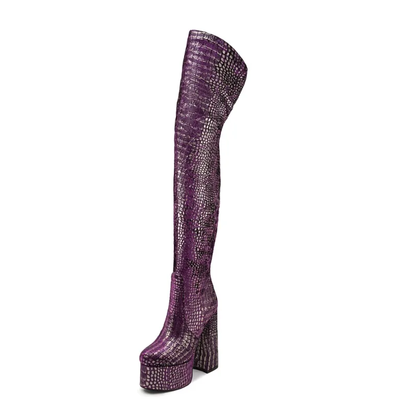

European and American High-heeled Thick Soled Knee High Zipper Boots, Women's Sexy Stone Patterned Round Toe Banquet Shoes