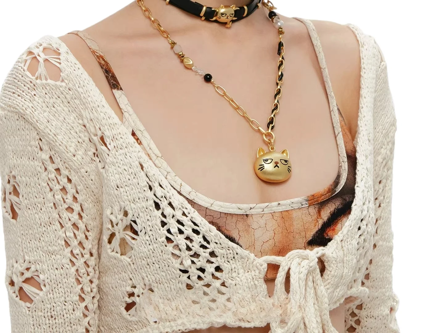 Original Unhappy Cat Sweater Chain, Pride Series Double Clavicle Chain Earrings, Cute Sweet Cool Collar