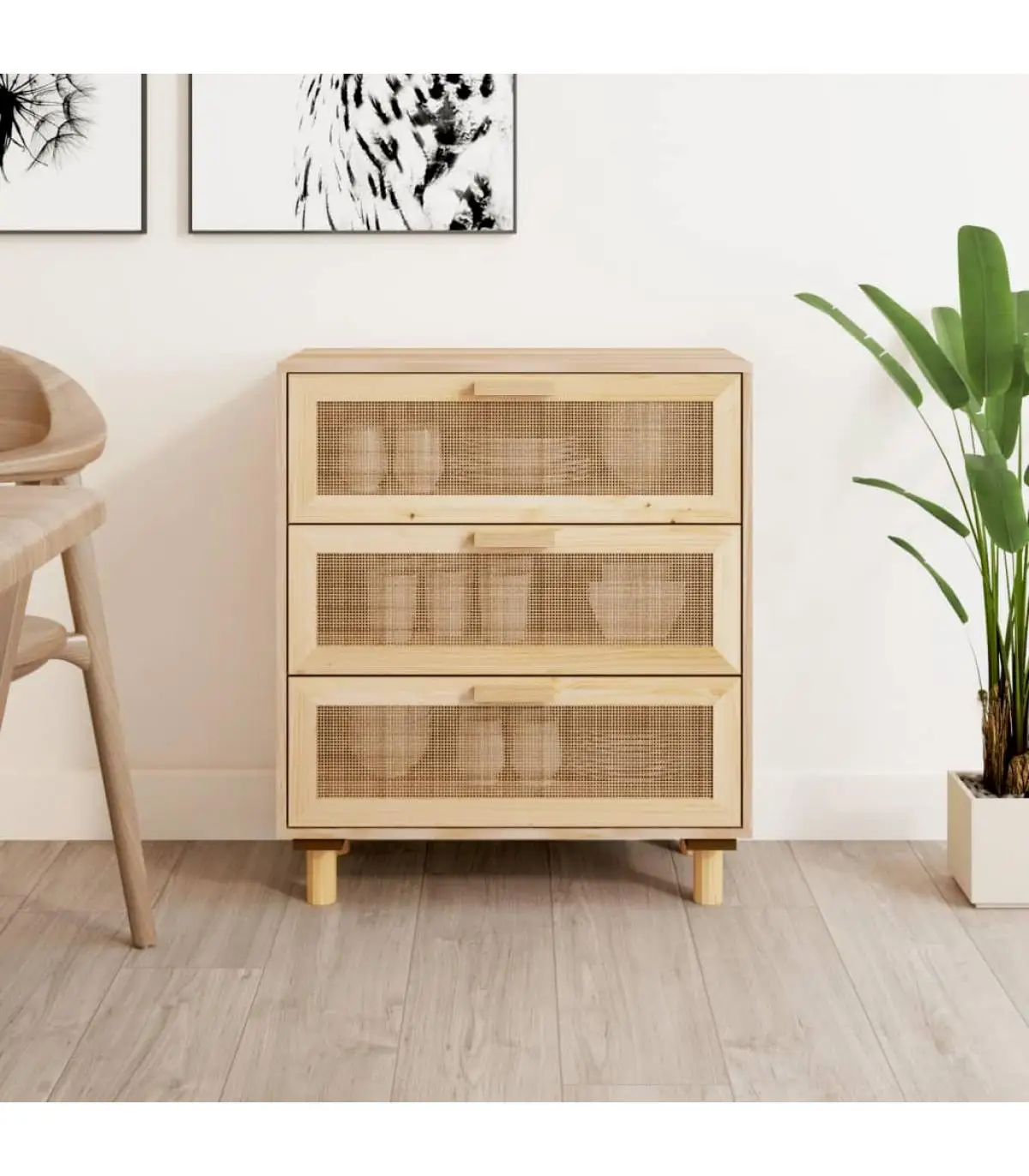 Sideboards brown solid pine wood and natural rattan 60x30x70 cm