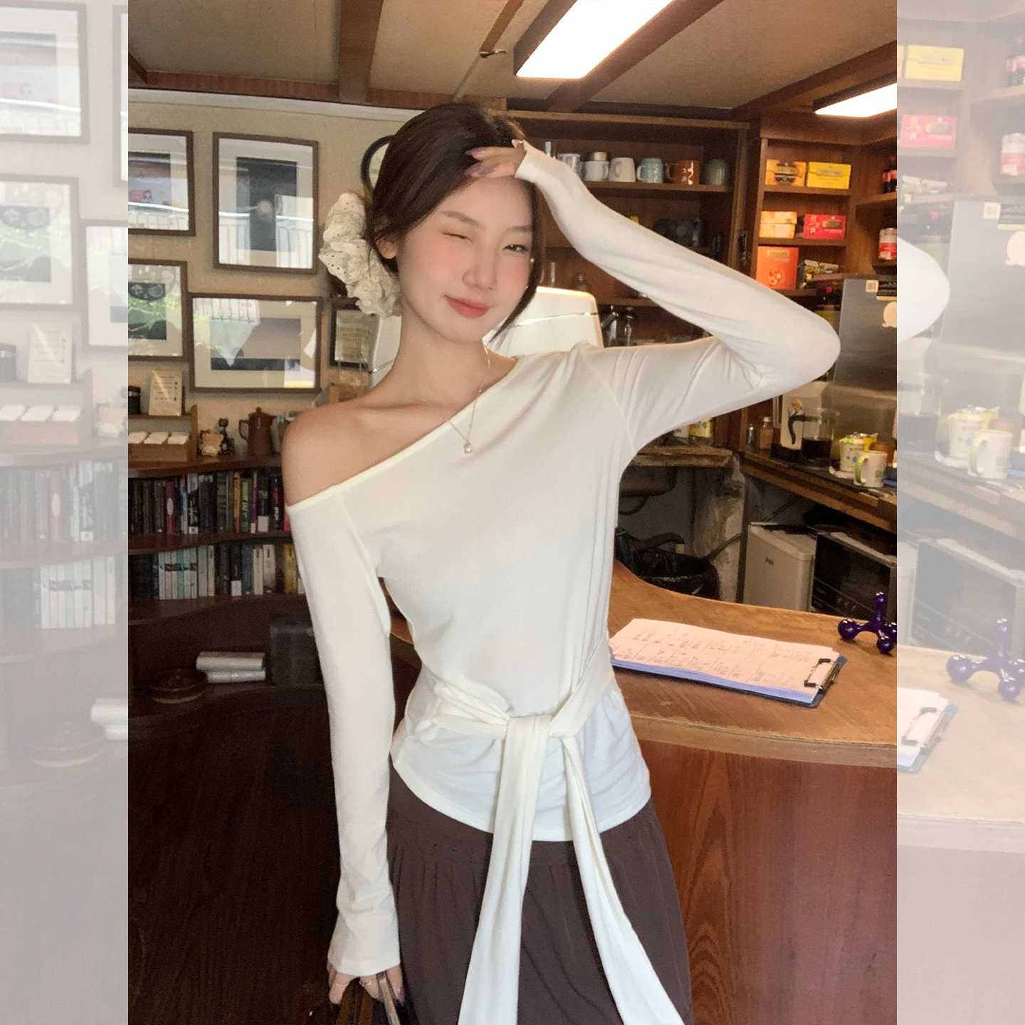 Primavera otoño fuera del hombro camisetas de mujer fajas 2025 nueva manga larga coreana Casual parte inferior prendas de punto Slim Tops Mujer