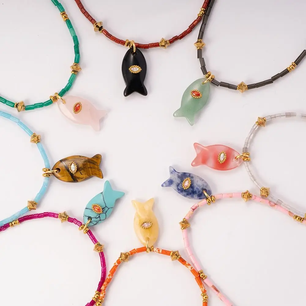 Bohemia Mini Fish Necklace Colorful Handmade Childishness Chain Choker Turquoise Pink Crystal Fish Pendant Necklace Vacation