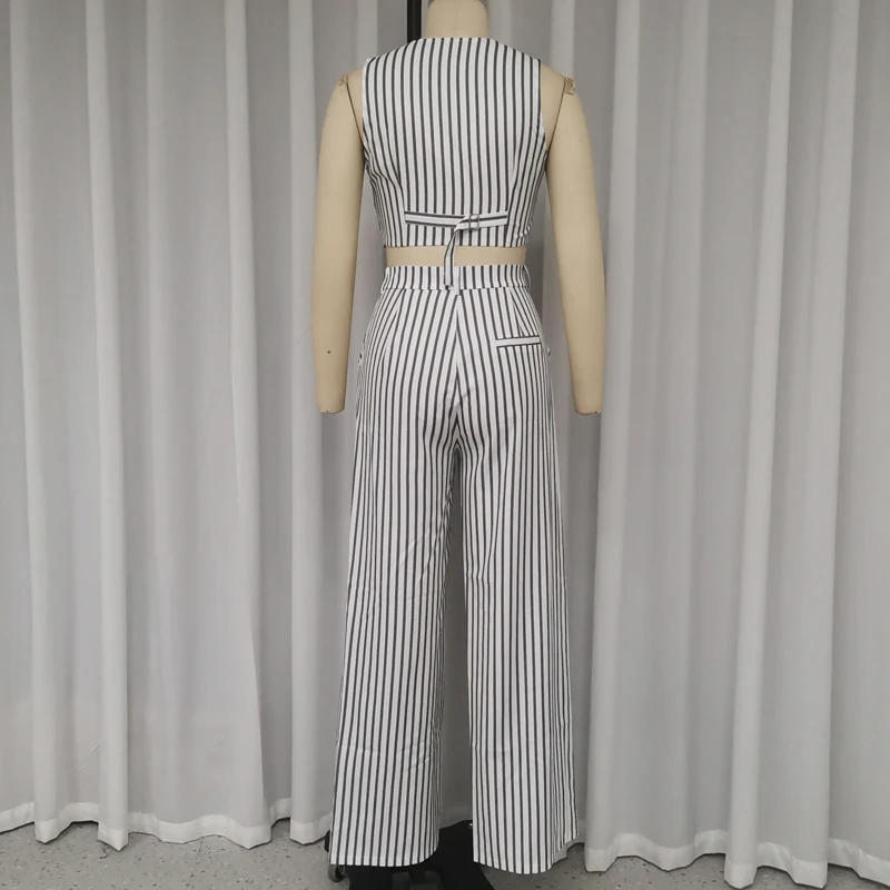 Wefads Women 2 Piece Set Summer Office Striped Print Sleeveless V Neck Single Breasted Button Vest Top Loose Wide Legs Pants Set