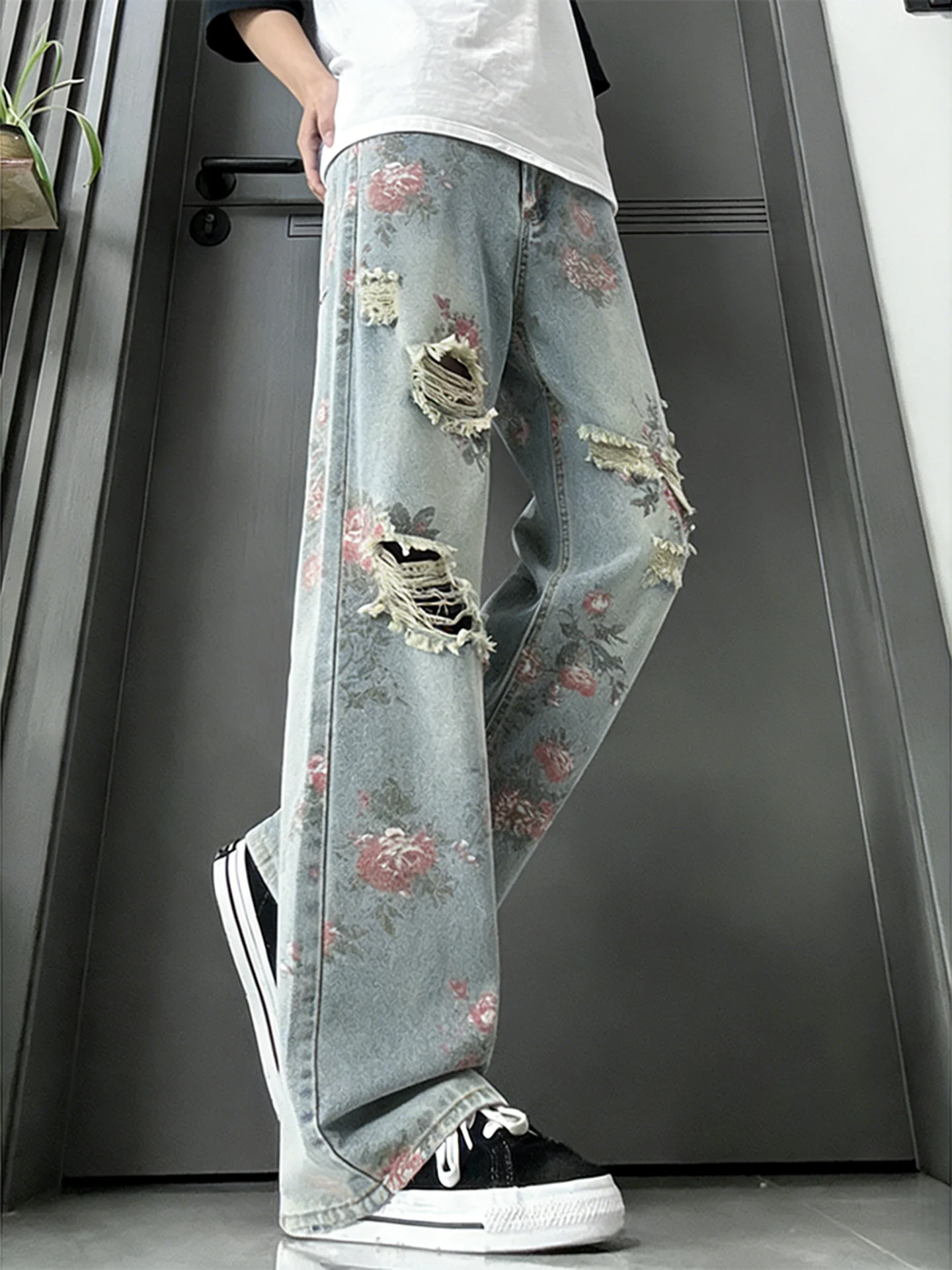 Floral Hole Denim Jeans Men's Women's American High Street Design Breakaway Straight Micro Flare Knife Pants Casual Cotton Po...
