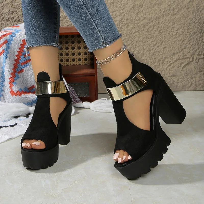 Sandalias clásicas de tacón alto para mujer, zapatos de tacón de bloque antideslizantes con punta redonda y plataforma recortada y cremallera trasera, a la moda