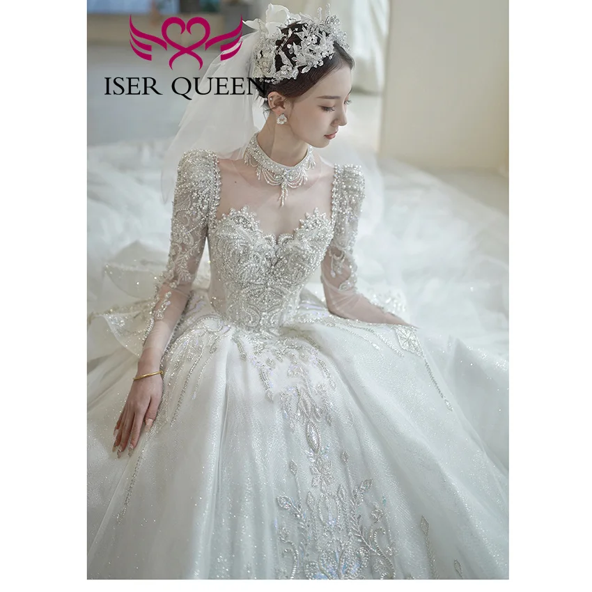 Personnalisé 2025 hiver nouvelle robe de mariée manches longues robe de bal dos creux perles brillant luxe robe de mariée pour mariage WX0491