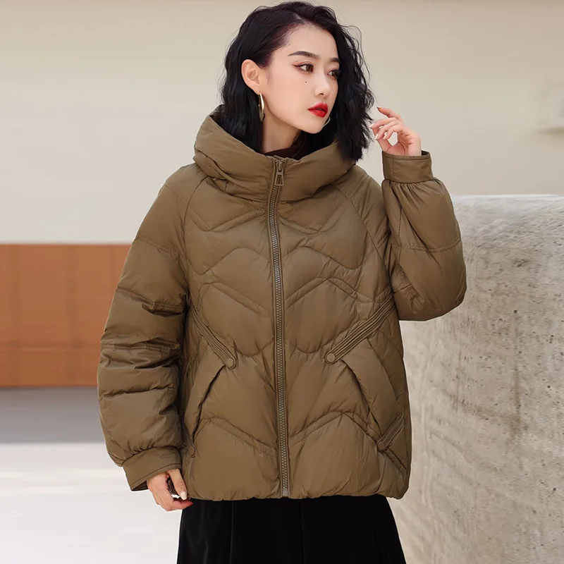 Fall and Winter New Women\'s Coat White Duck Down Hooded Short Down Coats Korean Version of LooseSolid Color Puffer Jacket