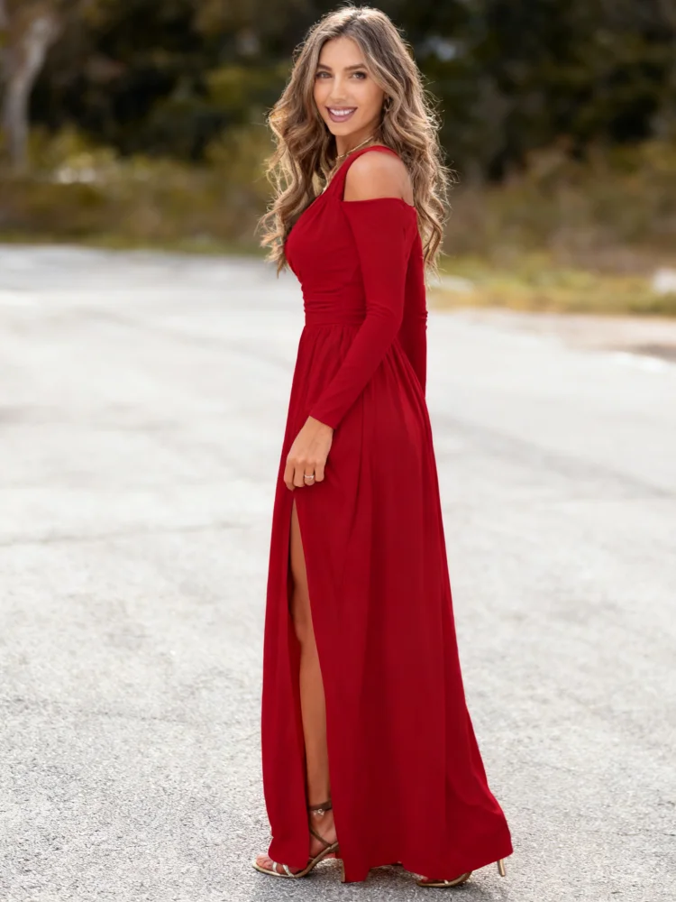 Rotes, langärmliges Maxikleid mit Ausschnitten, Damenmode, elegantes V-Ausschnitt, hoher Schlitz, Party-Abendkleid, schmale Passform, fließendes Freizeitkleid