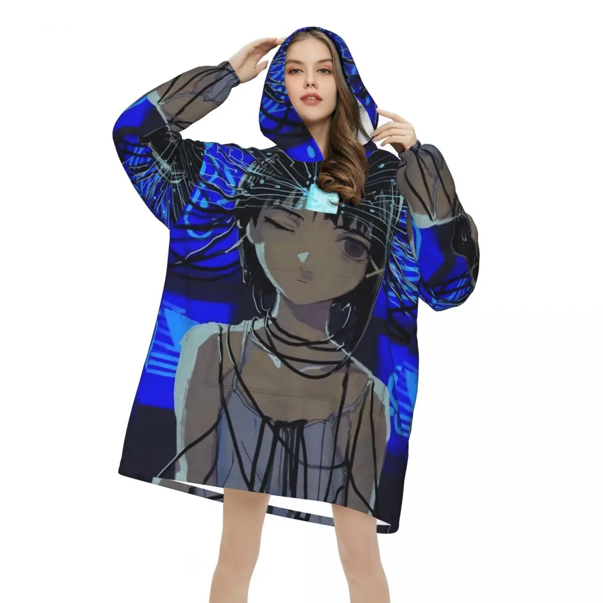 Serial Experiments Lain Lwakura Oversized Blanket Hoodie Sweatshirt Long Fleece Hooded Wearable Blanket with Large Pocket