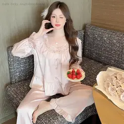 Sexy Lace Patchwork 2PCS Pajamas Set Women Sweet Sleepwear French Princess Style Homewear Silk Satin Loose Nightwear Lounge Wear