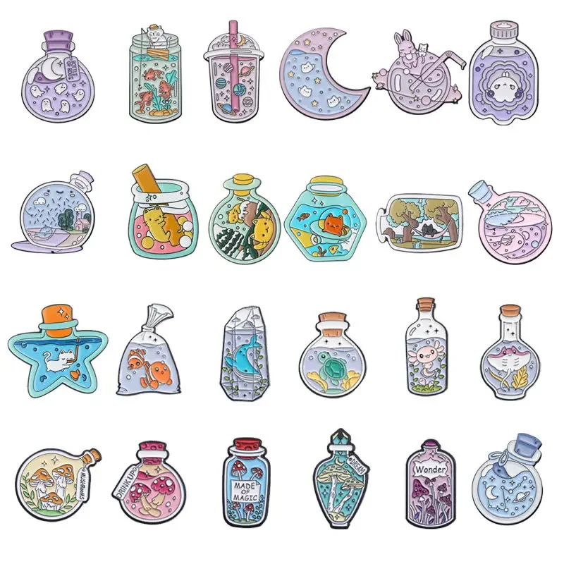 Cartoon Cute Glass Bottle Shaped Brooch Creative Milk Tea Cup Medicine Bottle Shooting Accessories Badge Set Pin Badges Metal