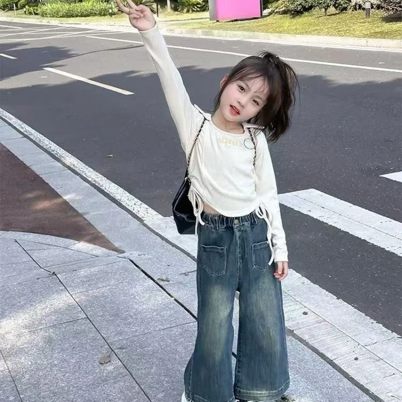 Girls' Autumn Set 2026 New Children's Fashion Slimming Long Sleeve T-shirt Versatile Cowboy Wide Leg Pants Two Piece Set