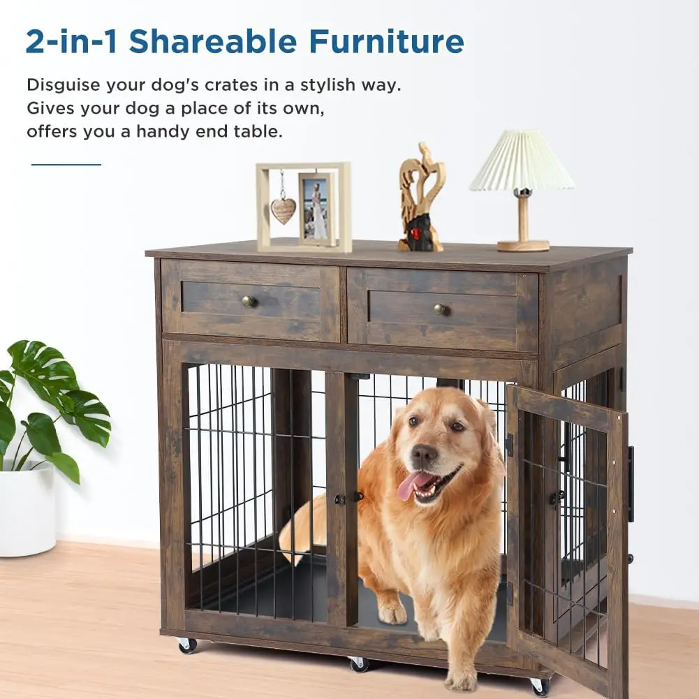 Dog Crate Furniture Wooden Dog Kennel with Room Divider and Tray Double Rooms Dog Cage Wooden Dog Crate Table with 2 Drawers