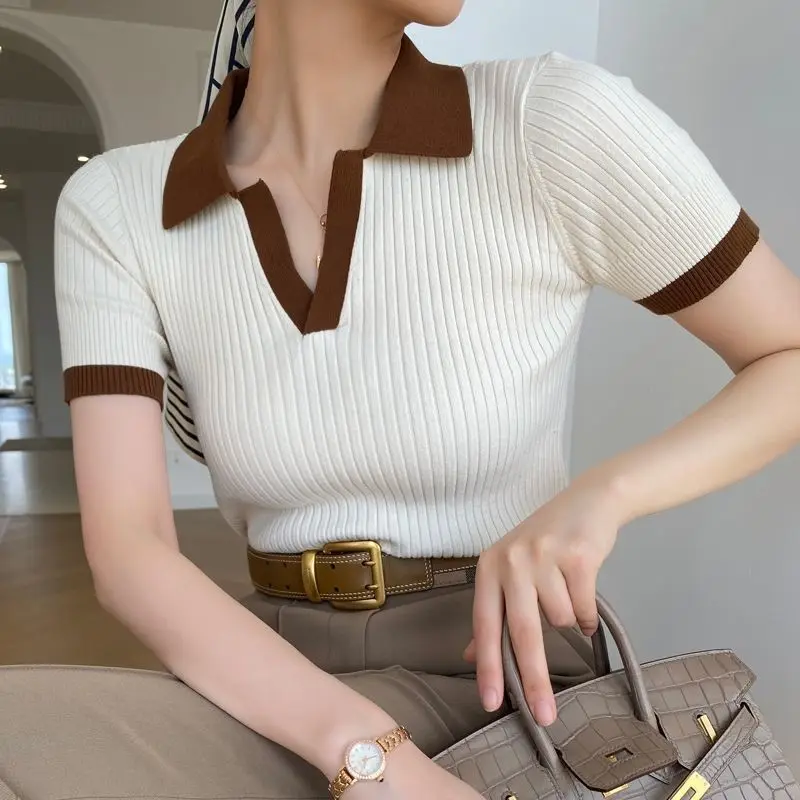 

French Contrasting Colors Fashion Polo Shirt Women Summer Lapel Collar Short Sleeve Slim All-match Comfortable Knitting Tops