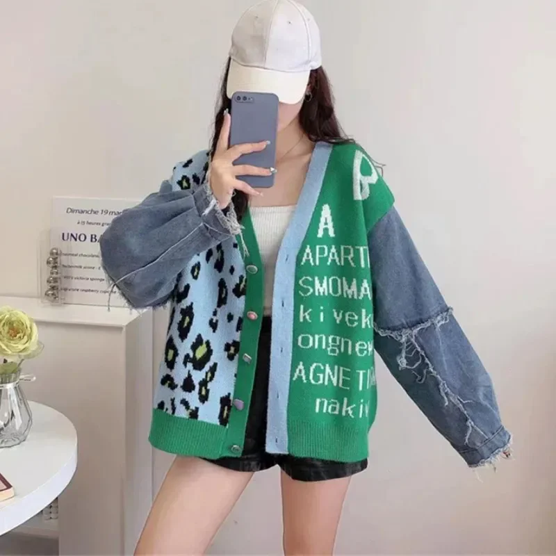 Colorblock Jean Cardigan For Women Winter Fashion 2026 Denim Sleeved Patchwork Letter Print Chunky Oversized Lady Sweater