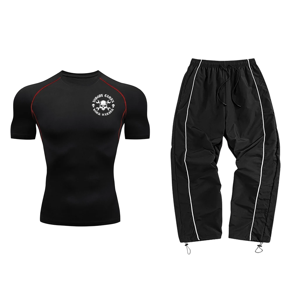 

Men's Summer Athletic Set Two-Piece Outdoor Casual Outfit With Quick-Drying Printed Short-Sleeved Shirt And Drawstring Pants