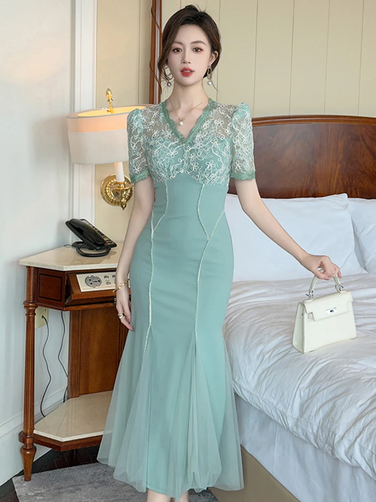 

Women Clothes Sweet Lace Floral Short Sleeve Slim Midi Fishtail Dress Fashion Party Prom Vestidos Formal Occasion Casual Summer