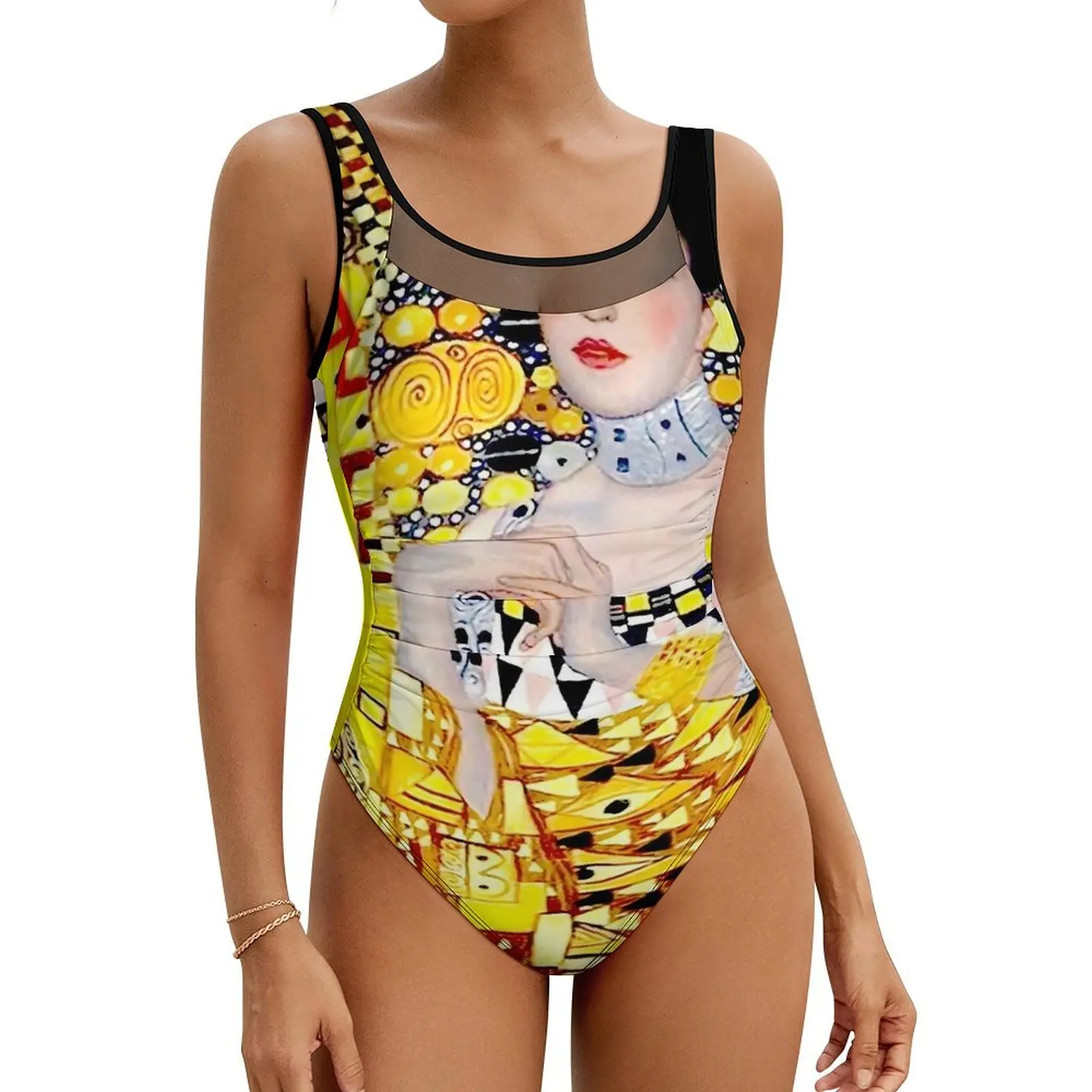 Klimt Art Swimsuit Sexy Adele Bloch Bauer Female Swimwear One Piece Stylish Bodysuit Holiday Pool Push Up Sleeveless Monokini