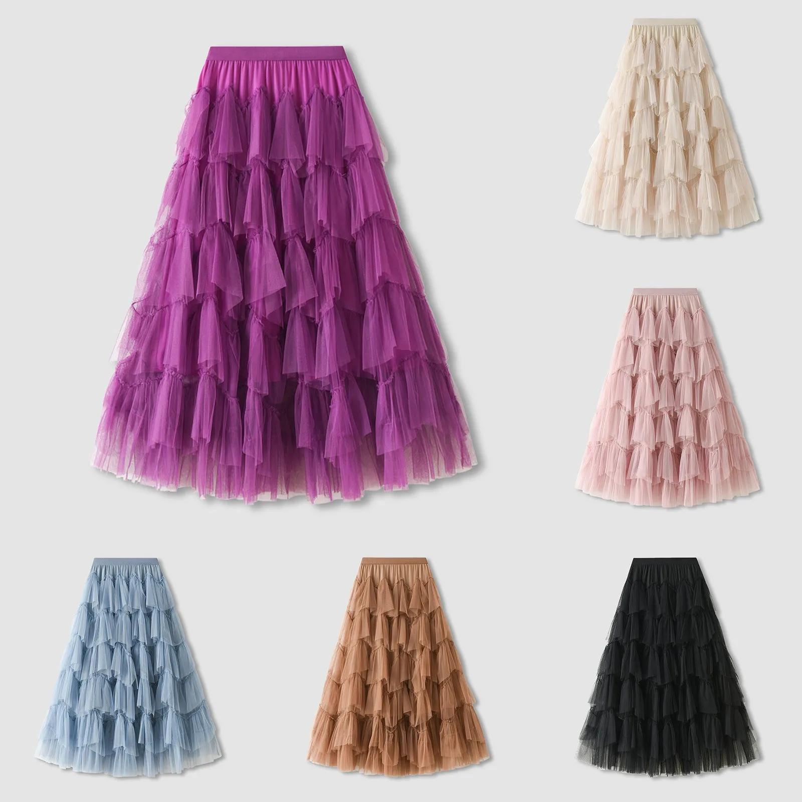 

Tulle Long Skirts Women 2024 New Summer Korean Solid A Line High Waist Mesh Tiered Maxi Skirt Female Faldas Ruffles Aesthetic