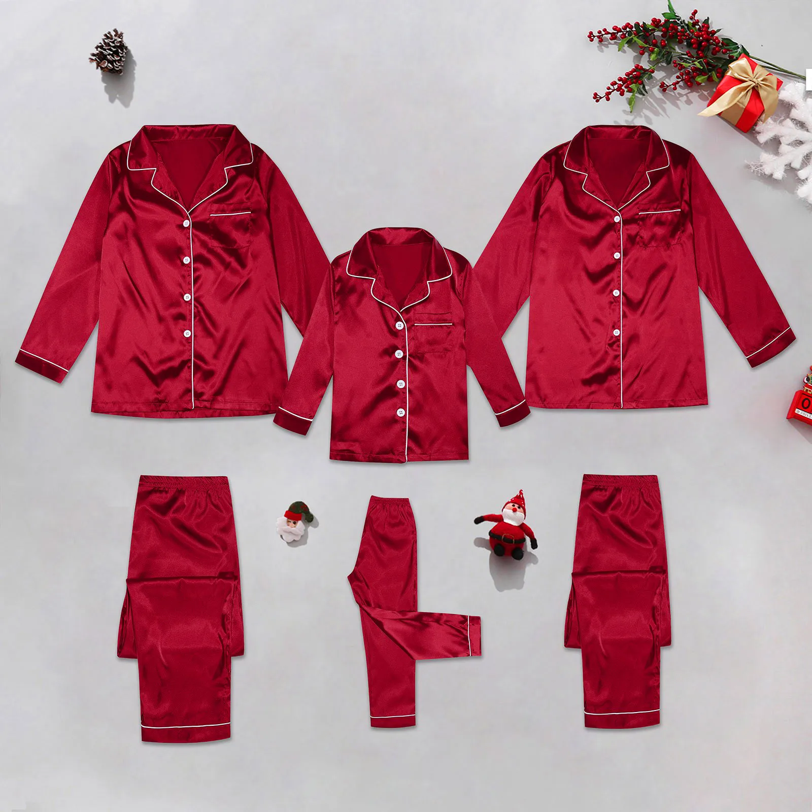 

Satin Silk Family Matching Pajama Suits Christmas Sleepwear 2 Piece Set Solid Button Lapel Long Sleeve Shirts Casual Pants Red