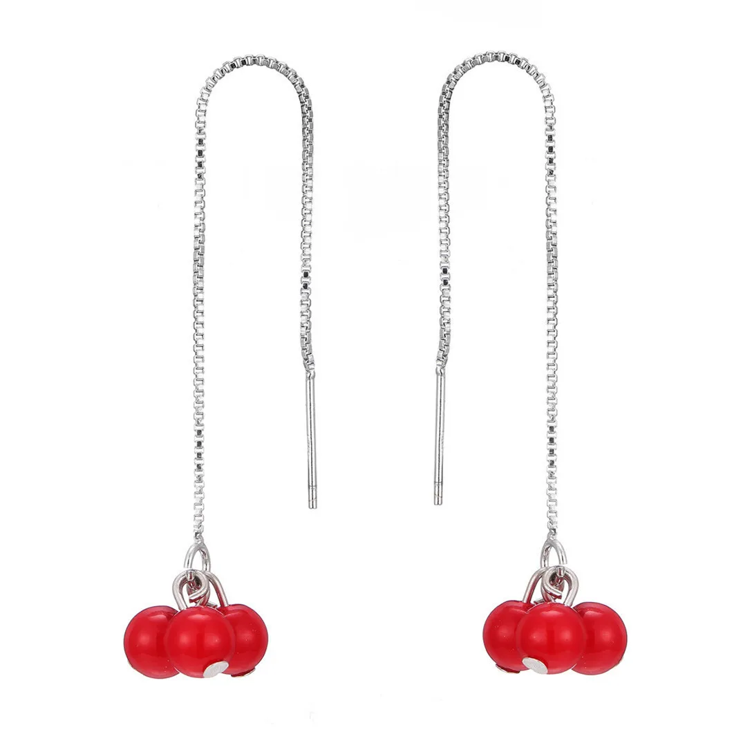 S925 Sterling Silver Trendy Long Version Red Bean Stud Earrings Elegant Feminine Ear Jewelry For Women Daily Wear And GiftGiving