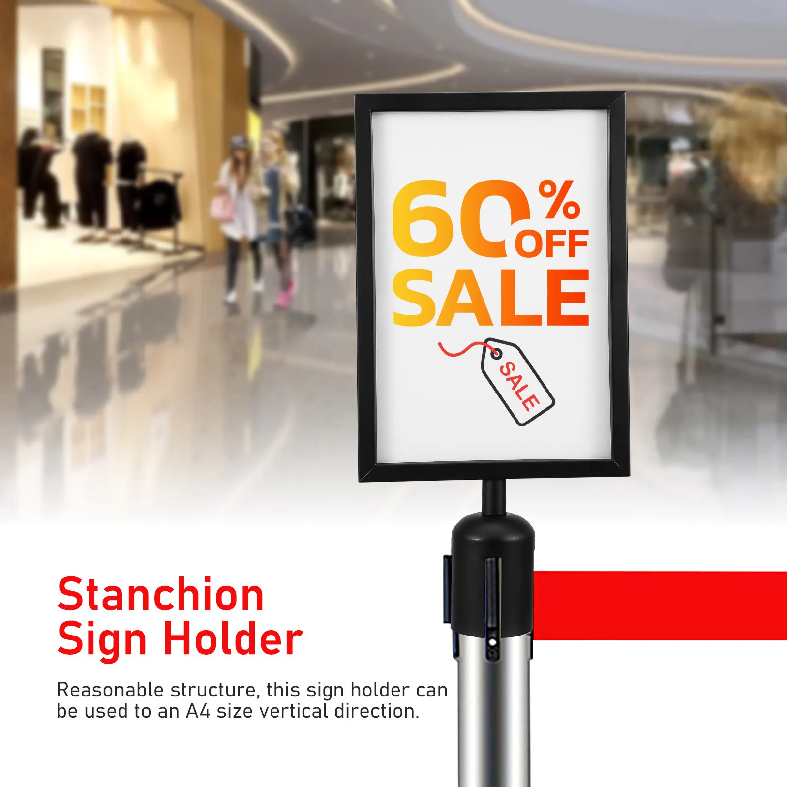 Metal Stanchion Sign Holder Vertical Portrait Frame for A4 Signs Stainless Steel Surface Heavy Duty Commercial Queue Guidance