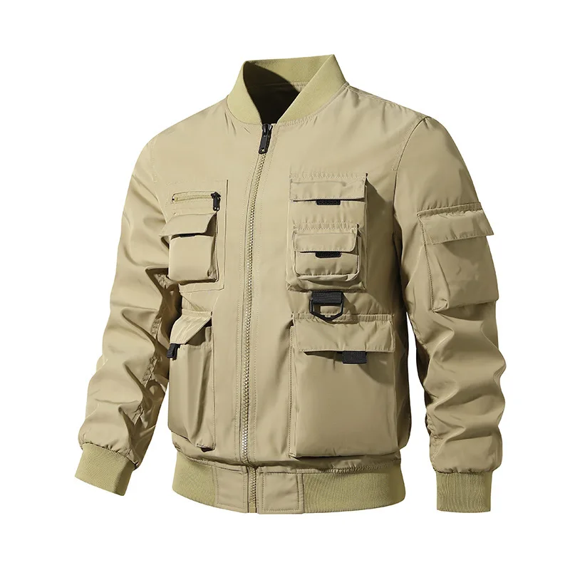 Spring Autumn Multi-Pocket Moto Cargo Jacket Men's Outdoor Baseball Collar Flight Outerwear