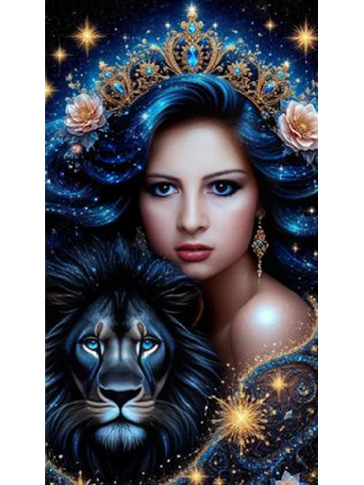 

New 5DDIY Diamond Cross Embroidery Set with Lion and Woman Themes Full Mosaic Embroidery for Living Room Decoration