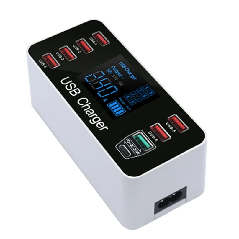 Multi‑Port LCD Digital Display 8‑Port USB Charger 40W QC3.0 PD Fast Charging Adapter for Mobile Phone Tablet