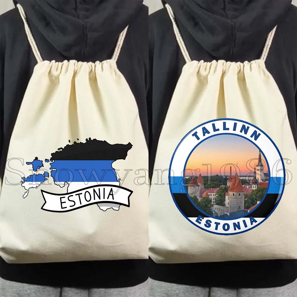Tallinn Estonia Heart Country Flag Map Estonian Canvas Drawstring Bags Soccer Backpack Gym Sports Yoga Sackpack Gifts String Bag