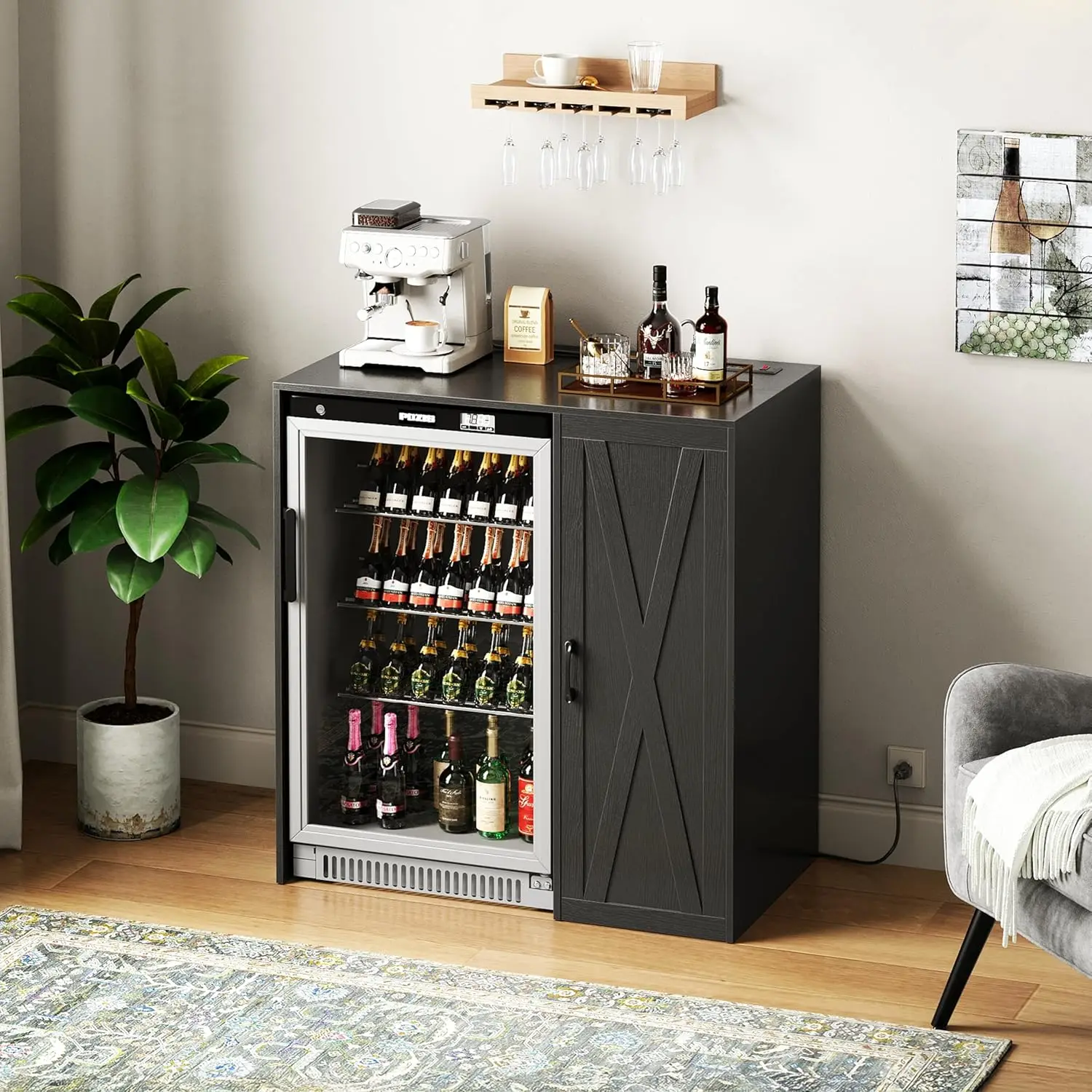 

Mini Fridge Cabinet with Storage, Coffee Bar Cabinet with Power Outlet, Fits 24" Wine Fridge, 3-Tier Organizer,, Customized