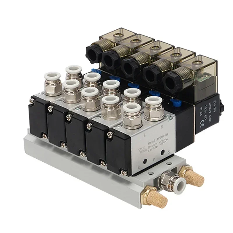 4V210-08 Manifold Stations Solenoid Valve 11-20 Combinations DC12V 24V AC220V With Fittings 5 port 2 position Solenoid Valves